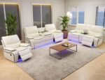Leather Power Recliner Sofa Set, Living Room Furniture Sets, Reclining Sofa, Loveseat and Chair with Cup Holders/Storage, Breathing Leather Couch Funiture for Living Room, 3+2+1, Cream White#2 - Image 2