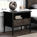 Lenia Solid Wood Nightstand, Mid Century Modern Night Stand End Table Bedroom Living Room, Herringbone Pattern Bedside Table for, Rustic Side Table with Drawer & Open Storage, Mocha Black - Image 2