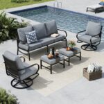 MFSTUDIO 5 Pieces Patio Conversation Sets,Outdoor Metal Furniture Sofas with 1 x 3-Seat Sofa, 2 x Swivel Chairs,2 x Ottoman,Wrought Iron Frame with Grey Cushion for Patio Courtyard Balcony - Image 2