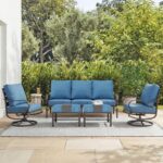 MFSTUDIO 5 Pieces Patio Conversation Sets,Outdoor Metal Furniture Sofas with 1 x 3-Seat Sofa, 2 x Swivel Chairs,2 x Ottoman,Wrought Iron Frame with Peacock Blue Cushion for Patio Courtyard Balcony - Image 2