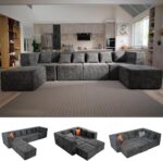 MONVANE Modular Sectional Cloud Couch for Living Room - 130'' 6 Seater Convertible Chenille Couches Set with Ottoman, No Assembly Compression Sofas, Comfy Floor Sofa with Memory Foam, Grey - Image 2