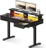 OffiGo Electric Standing Desk with 3 Wooden Drawers, 48 Inch Height Adjustable Desk with Power Outlets & LED Lights, Black Sit Stand Table with Monitor Stand for Home, Office, Workstation - Image 2