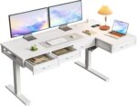 OffiGo L Shaped Electric Standing Desk with Wooden Drawers, 55 Inch Height Adjustable Corner Workstation with Power Outlets, Sit Stand Table for Home, Office, White - Image 2