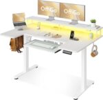 OffiGo U Shaped Electric Standing Desk with Keyboard Tray, 55 Inch Height Adjustable Desk with Power Outlets & LED Lights, Sit Stand Table with Monitor Stand for Home, Office, White - Image 2