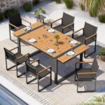 Outdoor Dining Set, HDPS + Aluminum Patio Table and Chairs Set with U-Shaped Base, 7 Piece Outdoor Furniture Set with Umbrella Hole, Patio Dining Table Set for Garden, Backyard (Gray-Teak) - Image 2
