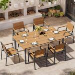 Outdoor Dining Set, Patio Table and Chairs Set with Umbrella Hole, 7 Pieces HDPS + Aluminum Patio Dining Furniture Set for Backyard, Garden (Gray & Teak) - Image 2