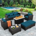 Outdoor Patio Furniture 60000 BTU Outdoor Propane Fire Pit Table Patio Furniture Set 45 In Outdoor Fire Pits 7 Pieces Patio Sofa Outdoor Chairs Anti-slip Cushions Waterproof Covers, Peacock Blue - Image 2