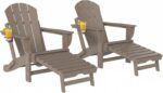 Outsunny Folding Adirondack Chair Set of 2, Outdoor HDPE Fire Pit Chair with Retractable Ottoman, Cup Holder and Large Seat for Deck, Garden, Backyard, Brown - Image 2
