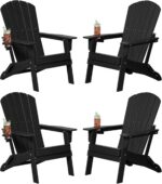 Plawdlik Folding Adirondack Chair Set of 4, Cup Holder，Wooden Textured ，Heavy All-Weather HDPE Comfortable Set Poolside Backyard Lawn Black - Image 2