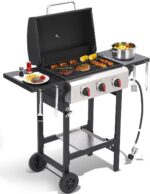 Propane Gas Grill with Folding Side Tables, 3-Burner Gas Grill with Cast Iron Grates and Stainless Steel Griddle Pan, Outdoor BBQ Grill Portable with Wheels 30,000 BTU Output - Image 2
