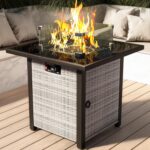 Propane Outdoor Fire Pit Table, 28" Rattan Square Fire Pit Table, Outdoor Gas FirePit With Glass Wind Guard, Tempered Glass Tabletop, Lid, CSA Listed, 50,000 BTU, Outside Patio & Garden, Grayish-White - Image 2