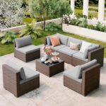 Qsun 7 Pieces Outdoor Patio Furniture Set, PE Rattan Outdoor Wicker Sectional Furniture Sofa Set, with Cushions and Glass Coffee Table, for Balcony, Porch, Garden, Grey - Image 2