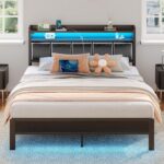 Rolanstar Bed Frame Queen Size with Charging Station and LED Lights, PU Leather Headboard with Storage Shelves, Heavy Duty Metal Slats, No Box Spring Need, Noise Free, Easy Assembly, Black - Image 2