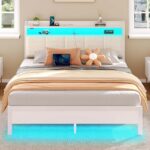 Rolanstar Bed Frame Queen Size with Charging Station and LED Lights, Upholstered Headboard with Storage Shelves, Heavy Duty Metal Slats, No Box Spring Need, Noise Free, Easy Assembly, White - Image 2