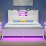 Rolanstar Queen Bed Frame with Charging Station, Bookcase Headboard Bed with LED Light and Sliding Doors, Platform Bed with Wooden Slats, No Box Spring Needed, Noise Free, White - Image 2