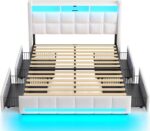 Rolanstar Queen Size Bed Frame with LED Lights and Charging Station, Upholstered Bed Storage Headboard & Drawers, Heavy Duty Wood Slats, Easy Assembly, White - Image 2