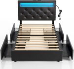 Rolanstar Twin Bed Frame with 4 Storage Drawers and Charging Station,Twin Bed with Led Lights, 2 USB & 1 Type C, Adjustable Headboard 38.9/40.8 Inches, No Box Spring Needed, Black - Image 2