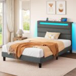 Rolanstar Twin Size Bed Frame, Storage Headboard with Charging Station and LED Lights, Upholstered Bed with Heavy Duty Wood Slats, No Box Spring Needed, Noise Free, Easy Assembly, Grey - Image 2