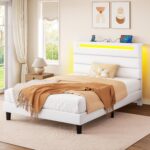 Rolanstar Twin Size Bed Frame, Storage Headboard with Charging Station and LED Lights, Upholstered Bed with Heavy Duty Wood Slats, No Box Spring Needed, Noise Free, Easy Assembly, White - Image 2