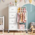 Romorgniz 3-in-1 Dresser with Hanging Rack, 4 Fabric Drawers with Double Clothes Rack & Wheels, Tall Closet Organizer Dresser for Bedroom, Entryway, White, 15.8" D x 29.9" W x 47.3" H - Image 2