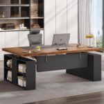 SEDETA 63" Executive Standing Desk with Storage, Executive Height Adjustable Desk with Power Outlets, Large Computer Office Desk with Privacy Panel for Home Office, Brown+Black - Image 2