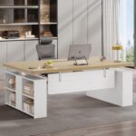 SEDETA 63" Executive Standing Desk with Storage, Executive Height Adjustable Desk with Power Outlets, Large Computer Office Desk with Privacy Panel for Home Office, Natural Oak - Image 2