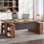 SEDETA 63" Executive Standing Desk with Storage, Executive Height Adjustable Desk with Power Outlets, Large Computer Office Desk with Privacy Panel for Home Office, Warm Golden Brown - Image 2