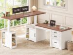 SEDETA Farmhouse L Shaped Electric Standing Desk, 63" x 67" Height Adjustable Home Office Executive Desk with Drawers, Standing Computer Desks with Power Outlet for Home Office, White+Brown - Image 2