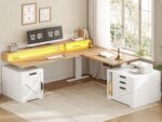 SEDETA Farmhouse L Shaped Standing Desk, 70.1" x 73.2" Height Adjustable Home Office Executive Desk with Drawers, Power Outlet, Monitor Stand, Sit Stand Table with Led Lights for Home Office, Oak - Image 2