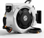 SUNPOW Retractable Garden Hose Reel - 5/8in x 65ft Heavy Duty Wall Mounted Hose Reel with 3/4in Brass Fitting & 10 Function Nozzle - Any Length Lock, Auto Rewind System, 180°Swivel Bracket - Gray - Image 2