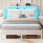 Seventable Bed Frame Queen Size with Charging Station, LED Bed with Upholstered Storage Headboard, Metal Platform Bed with Under Storage, No Box Spring Needed, Noise Free, Easy Assembly, White - Image 2