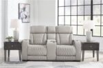 Signature Design by Ashley Boyington Contemporary Leather Match Power Reclining Loveseat with Console and USB Charging Ports, LED Lights and Adjustable Headrest, Light Gray - Image 2
