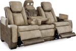 Signature Design by Ashley Next-Gen DuraPella Power Reclining Sofa – Wireless & USB Charging, Zero-Gravity, Adjustable Headrest, Water-Repellent Faux Leather, Drop-Down Table, Beige/Brown, 86” - Image 2