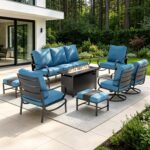 Sophia & William Patio Furniture Sets for 9 with 45" Gas Fire Pit Table Outdoor Conversation Sets, 2xSofa Chairs, 2xSwivel Cushion Chairs, 1x3-Seat Sofa, 2xOttomans for Porch Poolside Peacock Blue - Image 2