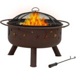 Sunnydaze Cosmic 30-Inch Patio Fire Pit for Outside - Outdoor Wood-Burning Fire Pit with Grill Grate, Spark Screen, and Fireplace Poker - Bronze - Image 2
