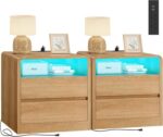 TEENFON Nightstands Set of 2 with Charging Station & LED Lights, Curved Corner Bedside Table 21.7" W, 2 Drawers & Open Shelf, USB-C & USB Ports, Natural, Storage End Table for Bedroom/Living Room - Image 2