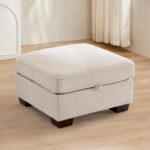 TEKAMON 27.5" Storage Ottoman, Square Footrest with Sponge Padded Seat, Chenille Fabric Step Stool for Sofa, Bedroom, Living Room, Entryway, Modern Change Shoes Stool, Wood Legs, (Beige) - Image 2