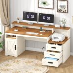 TVU Farmhouse Computer Desk with Drawers, 65'' Home Office Desk with Power Outlets, Storage Cabinet and Printer Stand, Study Writing Desks with Long Monitor Stand, Brown and White - Image 2