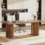Tribesigns 63-inch Executive Desk, Vintage Home Office Computer Desk with Large Tabletop, Farmhouse Wood Writing Conference Table Workstation for Office, Study, Walnut Brown - Image 2