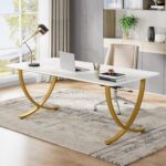 Tribesigns Executive Desk, 63” W x 31.5” D Large Office Desk, Modern Computer Desk Conference Table Meeting Room Table, Business Furniture for Home Office, White and Gold - Image 2