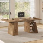 UPOSOJA 63 in Executive Desk with Power Outlets, Modern Home Office Desk with Storage Cabinet, Wood Computer Desk Business Workstation Desk Conference Table (Oak) - Image 2