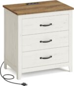VASAGLE LIRY Collection - Farmhouse Nightstand with Charging Station, Bedside Table, Side End Table with 3 Drawers, for Bedroom, Rustic White and Honey Brown ULET679W01 - Image 2