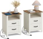 VASAGLE LIRY Collection - Farmhouse Nightstands with Charging Station, Set of 2 Bedside Tables, Side Tables with 2 Drawers, Open Compartment, for Bedroom, Rustic White and Honey Brown ULET869W01 - Image 2