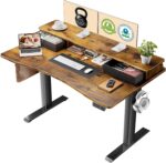 Veken 47.2"×27.6" Standing Desk with Storage Drawers, Adjustable Height Computer Table with Monitor Shelf, Home Office Desk for Study, Gaming, Workstation, Brown - Image 2