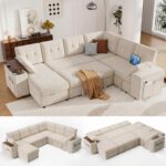 Vipbear 7 Seat Modular Sectional Sleeper Sofa with Pull Out Bed, L-Shaped Couch with Reclining Backrest, Lift Top Storage Chaise, USB LED Light, Tool-Free Assembly, Chenille Beige - Image 2