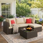 Vongrasig 5 Piece Patio Furniture Sets, Outdoor Patio Set Sectional Sofa, All-Weather PE Rattan Outdoor Couch with Ottoman, Glass Table for Garden, Backyard, Porch, Beige - Image 2