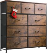 WLIVE 9-Drawer Dresser, Fabric Storage Tower for Bedroom, Hallway, Entryway, Closet, Tall Chest Organizer Unit with Fabric Bins, Steel Frame, Wood Top, Easy Pull Handle, Rustic Brown Wood Grain Print - Image 2