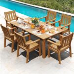 YEFU HIPS Patio Table Set: 7 Piece Outdoor Table and Chairs Dining Furniture Set with Umbrella Hole - Teak Modern Plastic Dining Sets 6 Person for Outside Deck with Metal Aluminum Frame - Image 2