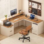 YOMILUVE 63" Farmhouse L Shaped Executive Desk with Drawers & Storage Shelf, Corner Computer Desk with Power Outlets, L Shaped Office Desk with Monitor Stand, Printer Shelf, Antique White - Image 2
