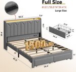 WLIVE Full Size Upholstered Bed Frame with 2 Drawers, Storage Headboard Platform Bed with Charging Station and LED Light, Sturdy Metal & Wooden Slats Support, No Box Spring Needed, Light Grey - Image 3